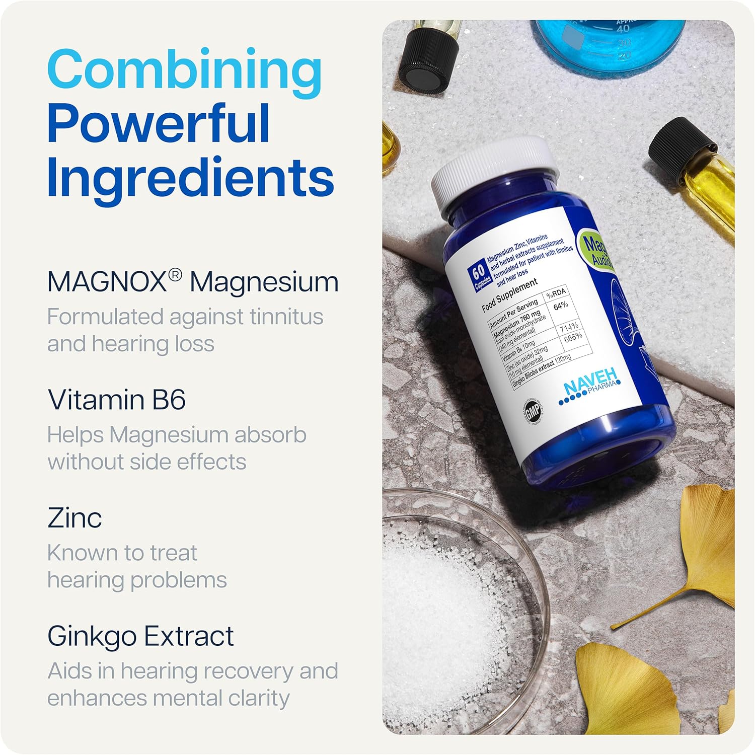MAGNOX® AudioGuard Magnesium Supplement for Tinnitus Treatment | Tinnitus Relief for Ringing Ears | Natural Magnesium Complex | Dead Sea Minerals | High Absorption Magnesium | 60 Capsules : Health & Household