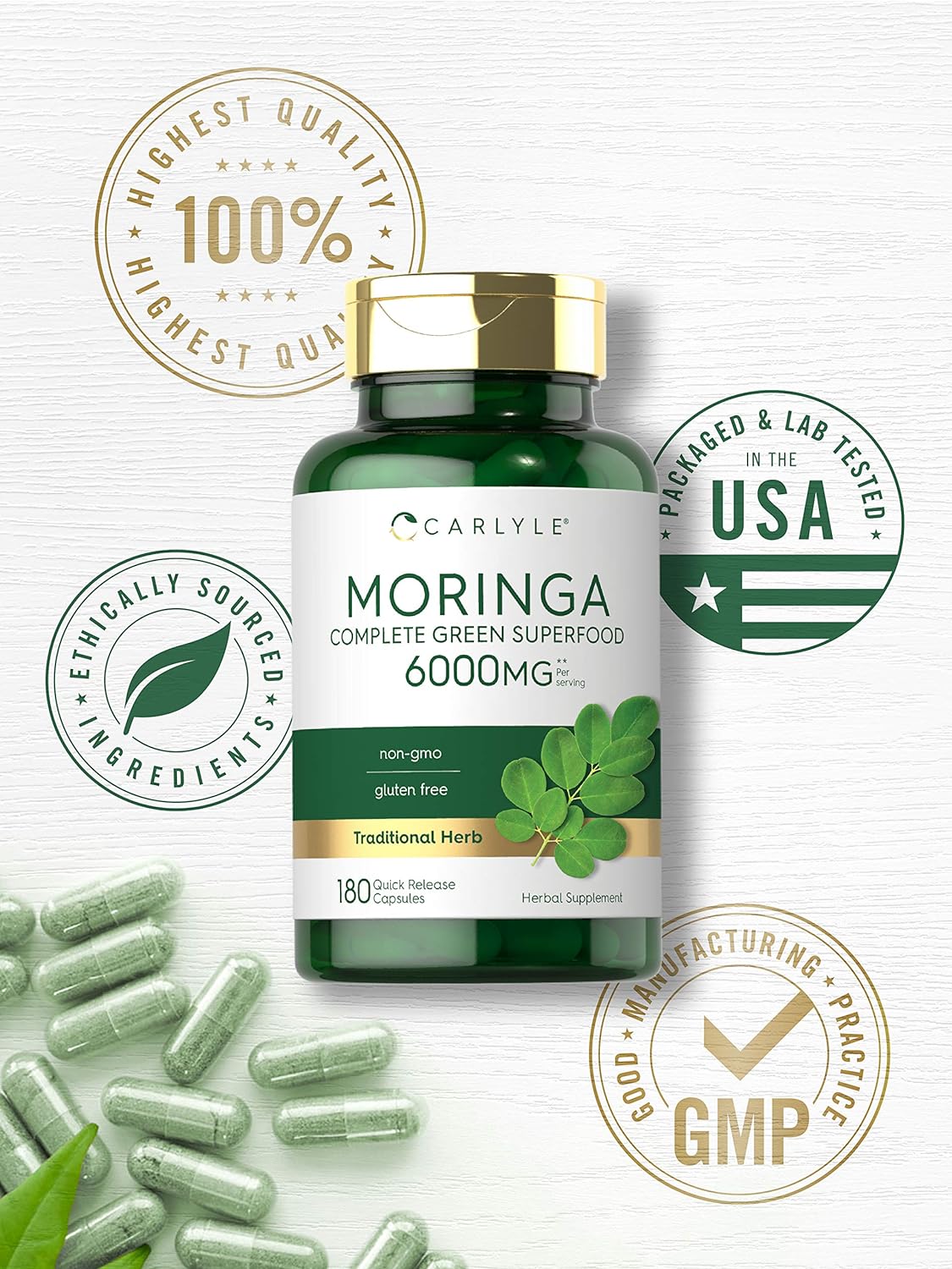 Carlyle Moringa Oleifera | 180 Capsules | Non-GMO and Gluten Free Supplement | Complete Green Superfood | from Moringa Leaf Powder : Health & Household
