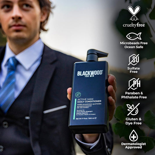 Blackwood For Men - Active Man Daily Conditioner (17 Oz), Thickening Shampoo (17 Oz), & X-Punge Foaming Face Wash (4.55 Oz) - Vegan, Natural Hair Care To Combat Hair Loss & Dandruff. Sulfate-Free, Par