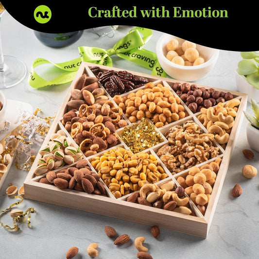 Nut Cravings Gourmet Collection - Mixed Nuts Gift Basket In Reusable Diamond Wooden Tray + Green Ribbon (12 Assortments) Teacher Appreciation Arrangement Platter, Healthy Kosher