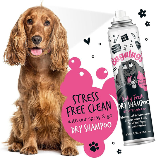 Dry Dog Shampoo by Bugalugs with fragrance removes oil & grease, dog grooming shampoo products for smelly dogs, best puppy shampoo, professional groom Vegan pet shampoo (Baby Fresh)?5056176254599