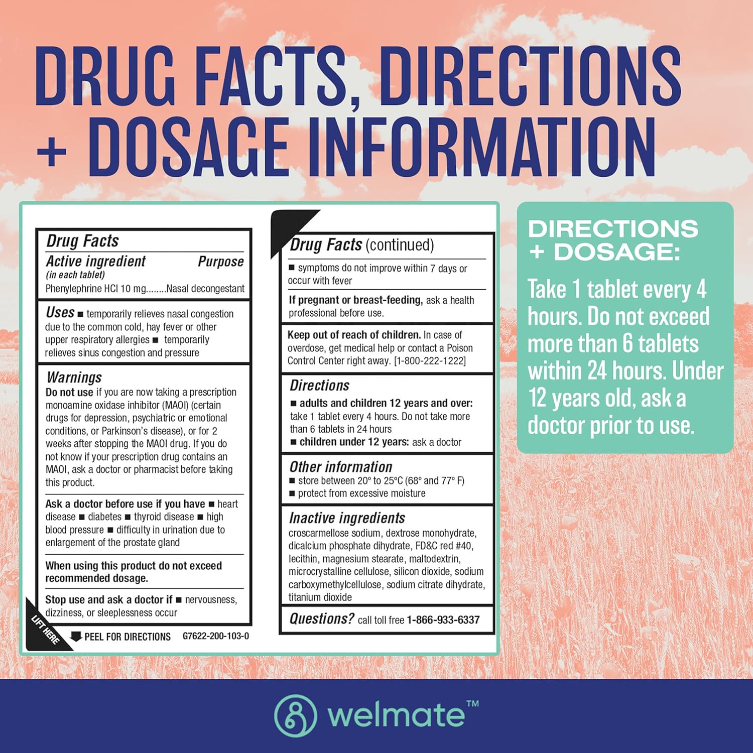 WELMATE | Nasal Decongestant PE | Phenylephrine HCl 10 mg | Maximum Strength | Sinus Relief | for Cold & Allergies | Non-Drowsy | Antihistamine | Pain Relief | Decongestants for Adults | 200 Tablets : Health & Household