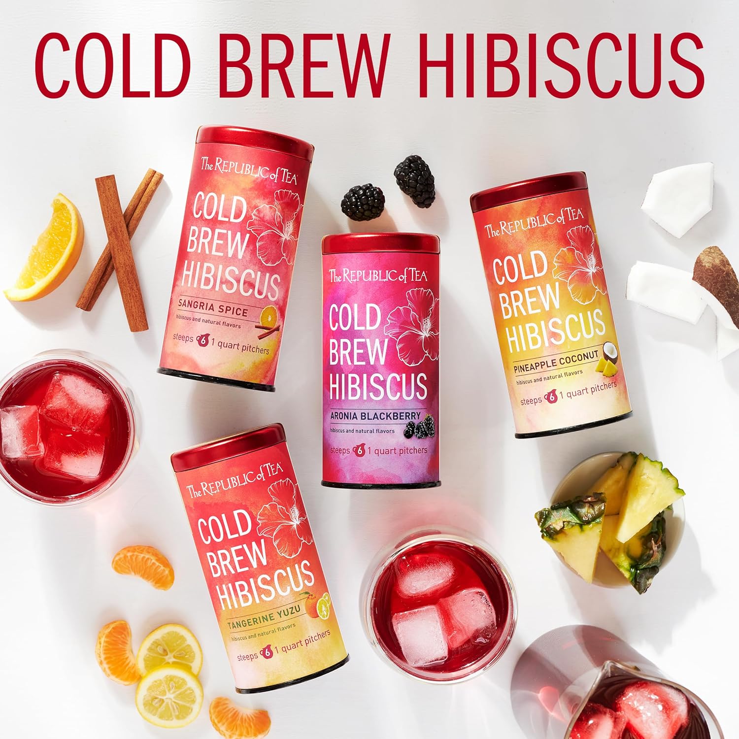 The Republic Of Tea – Cold Brew Hibiscus Aronia Blackberry Iced Tea, Large Herbal Iced Tea Pouches, Steeps Six One-Quart Pitchers