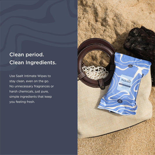 Saalt Intimate Cleansing Wipes - 30 count (6 x 7.75 inches) - Menstrual Cup Wipes - Easy Cleaning for Public Bathroom, School, or Travel With a Menstrual Cup or Menstrual Disc