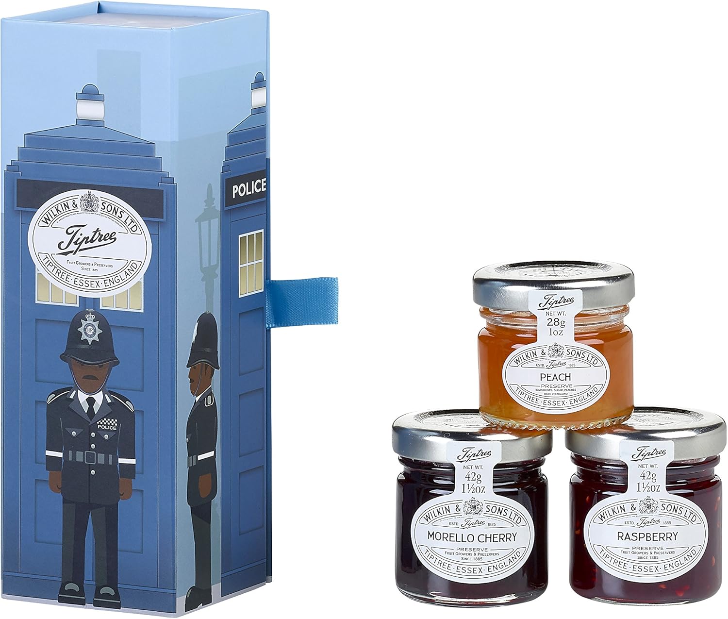Wilkin & Sons Tiptree Police Box Trio Gift Pack Of 3 Mini Jars / Morello Cherry, Peach And Raspberry Preserves