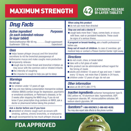 Mucinex DM 12Hr 1200mg Maximum Strength Cough Medicine For Adults, Cold And Cough Medicine for Excess Mucus Relief, Guaifenesin & Dextromethorphan HBr Chest Decongestant for Adults, 42ct Tablets