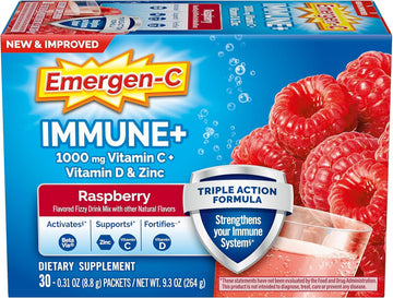 Emergen-C Immune+ Triple Action Immune Support Powder, Betavia (R), 1000Mg Vitamin C, B Vitamins, Vitamin D And Antioxidants, Raspberry – 30 Count