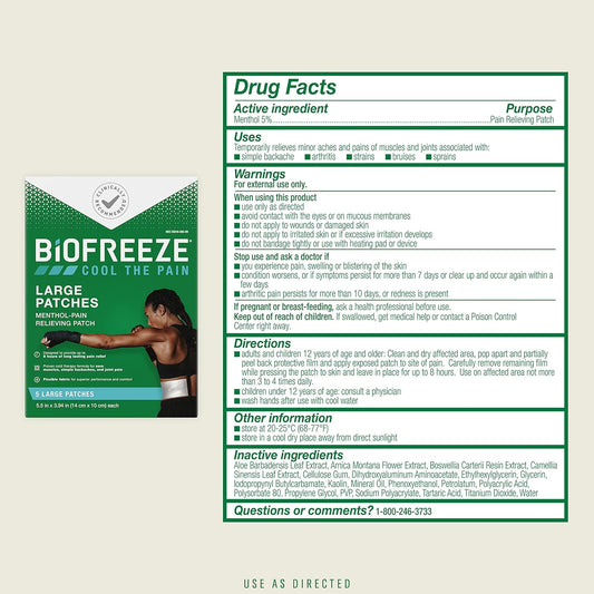 Biofreeze Pain Relief Patches, Knee & Lower Back Pain Relief Patch, Sore Muscle Relief, Neck Pain Relief, Shoulder Pain Relief, Pharmacist Recommended, FSA Eligible, 5 Biofreeze Menthol Patches