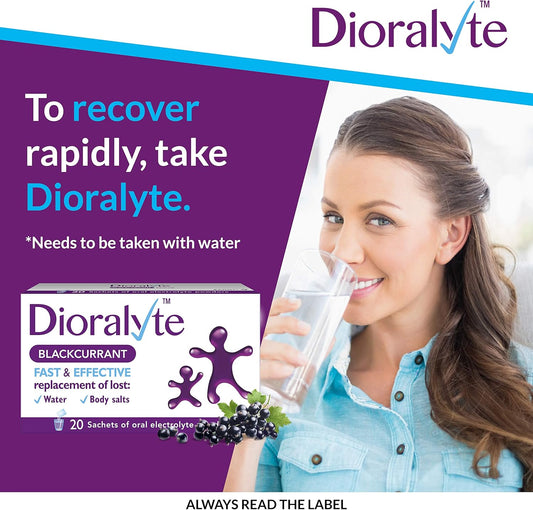 Dioralyte - Fast And Effective Supplement Treatment For Reducing Dehydration And Replacing Electrolytes (Mineral Salts) Of Lost Body Water And Salts- Blackcurrant Flavour - 20 Sachets