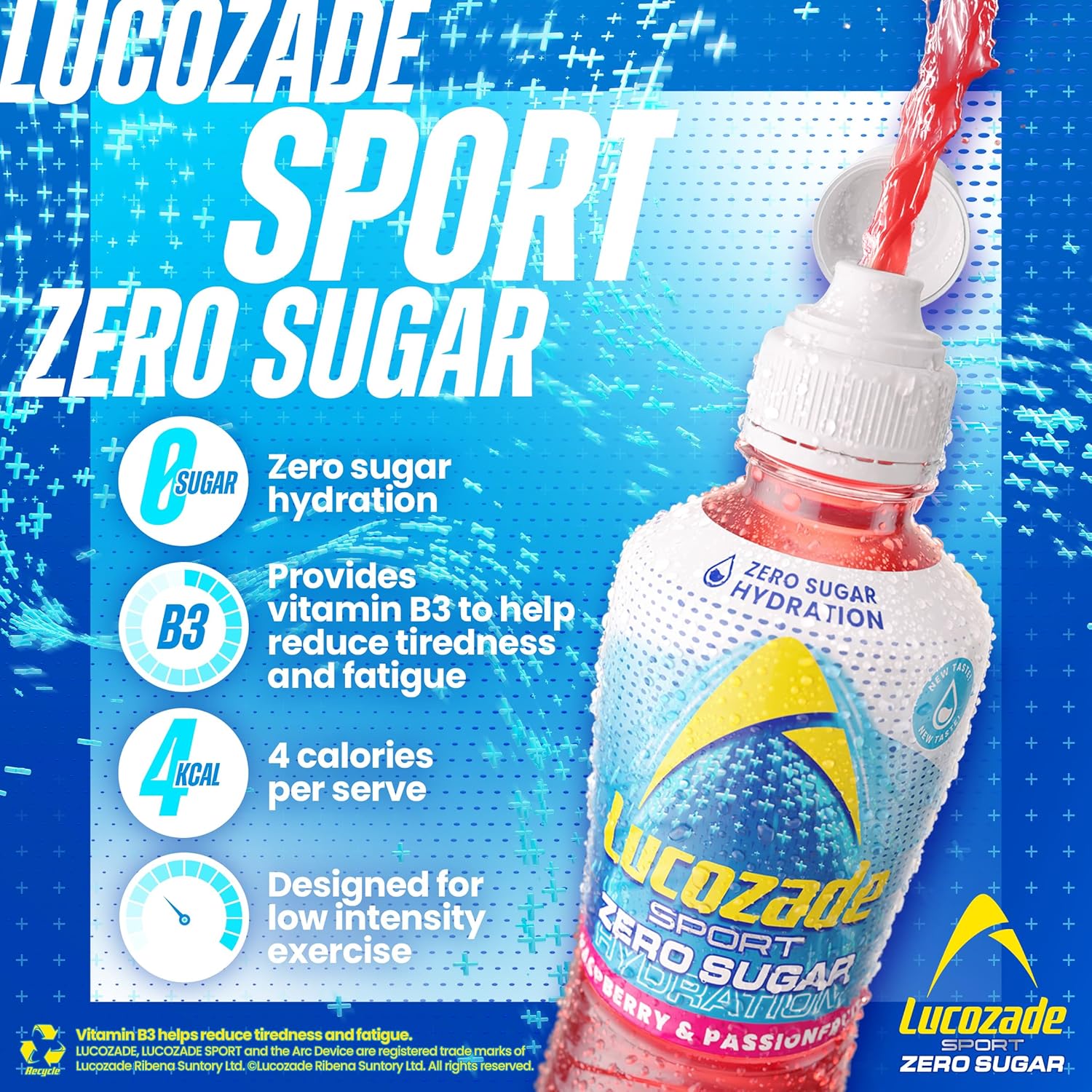Lucozade Sport Zero Sugar - Raspberry & Passionfruit 12X500Ml | Sugar Free Sports Drink, With Vitamin B3 And Electrolyte | Zero Sugar | Only 4 Calories Per Serving | Still | Made With Natural Flavours