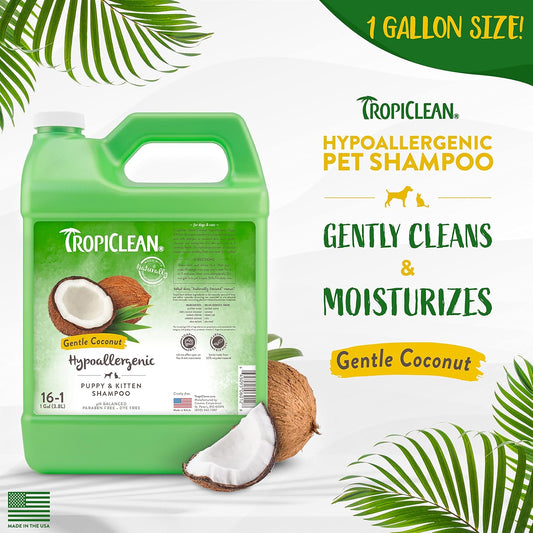 TropiClean Dog Shampoo Grooming Supplies - Hypoallergenic Puppy & Kitten Shampoo Gentle Cleansing for Sensitive Skin - Derived from Natural Ingredients - Used by Groomers - Gentle Coconut, 3.8L?TRGNSH1G