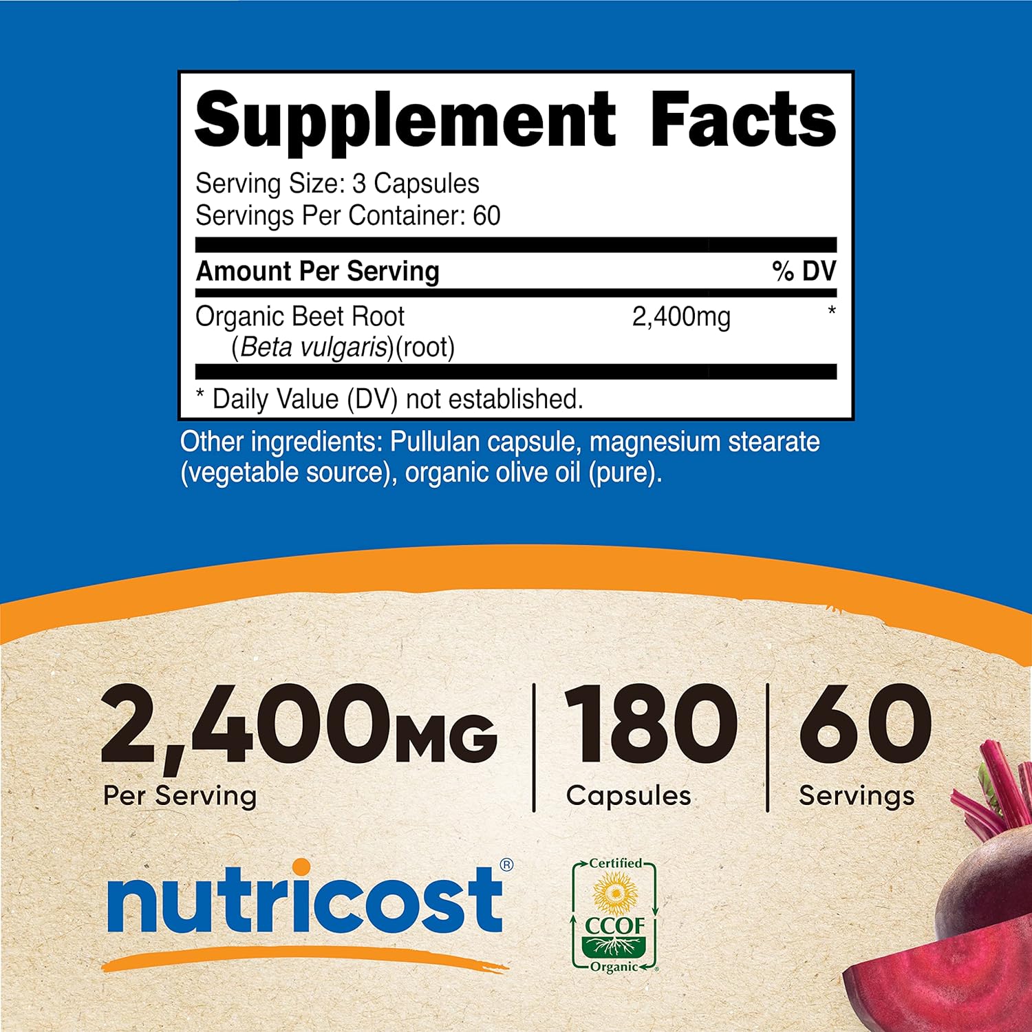 Nutricost Beet Root 2400mg, 180 Capsules - CCOF Certified Made with Organic Beet Root, Superfood, 60 Servings