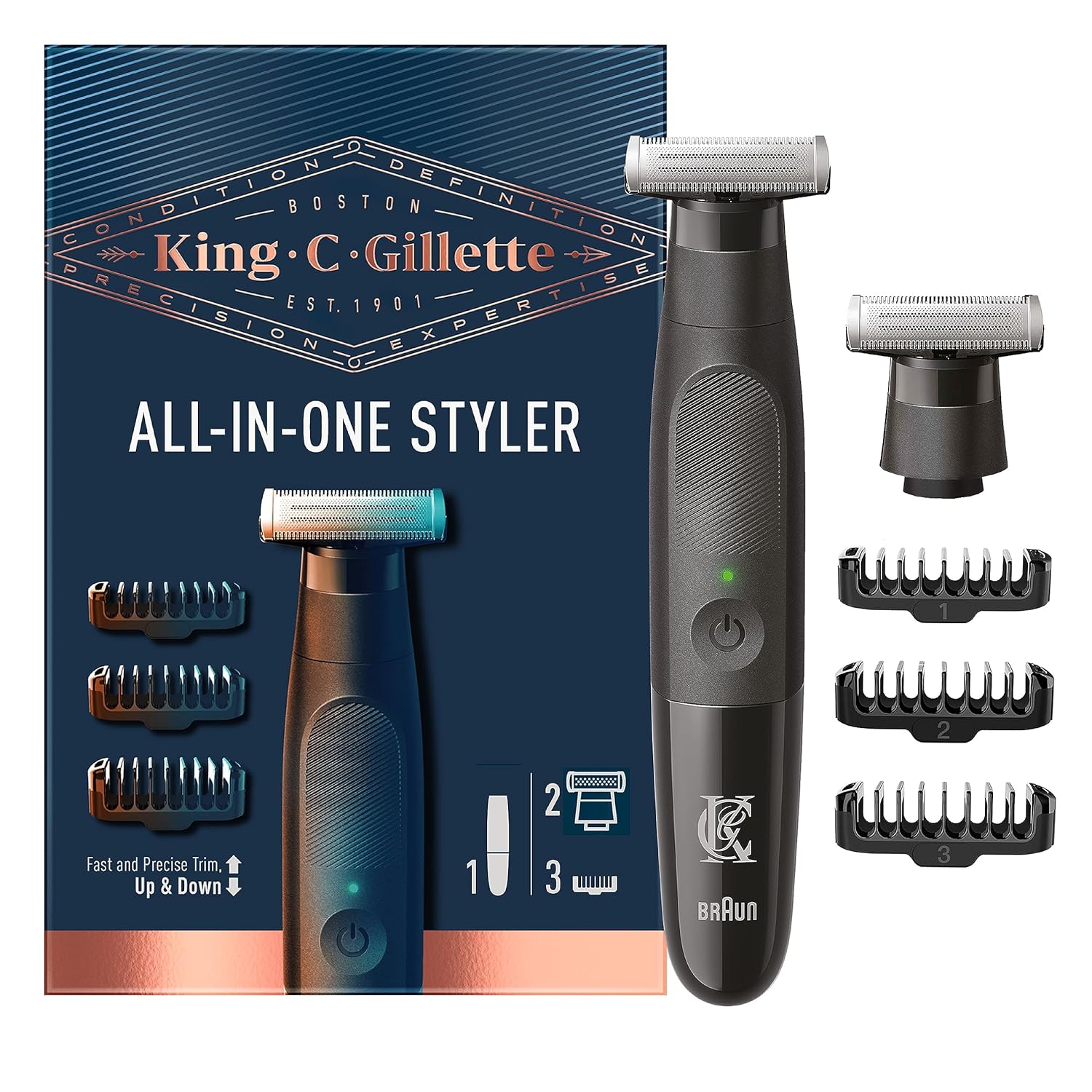 King C. Gillette Men'S All-In-One Styler Cordless Stubble Trimmer For Men, Includes 1 Cordless Style Master Trimmer W/ 2Ct 4-Directional Metal Razor Blade Refills & 3 Interchangeable Combs, Waterproof