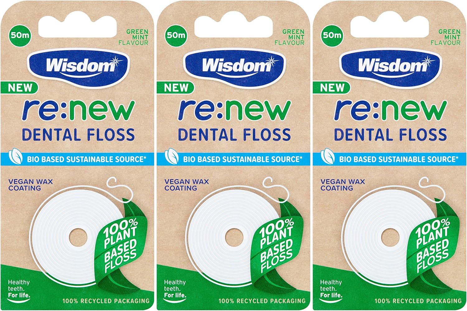 Wisdom Re:New Dental Floss 50M - Pack Of 3 | Vegan | Plant Based