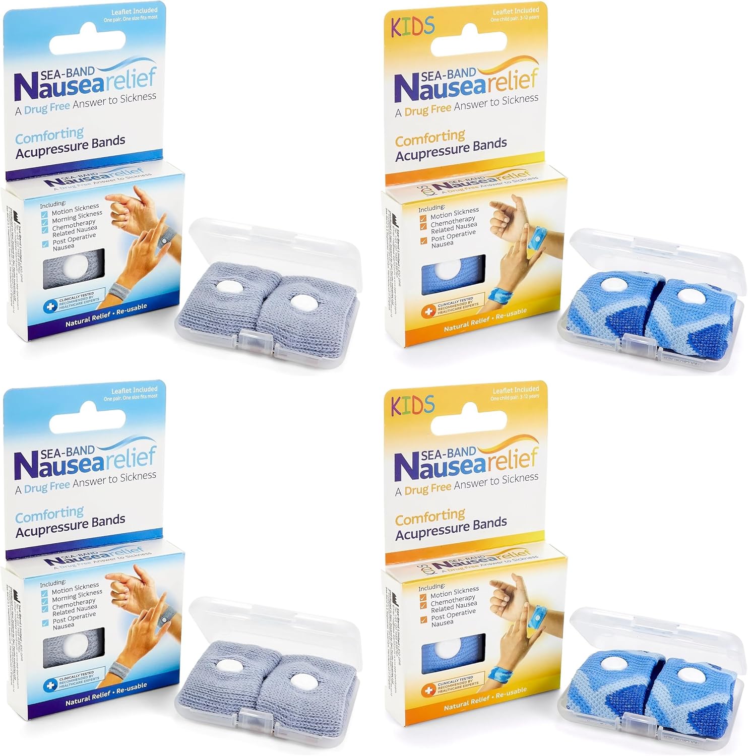 Sea-Band Travel & Motion Sickness And Nausea Relief, Acupressure Wristbands Family Bundle, 2 X Pairs Adult (Grey) And 2 X Pairs Child (Blue)