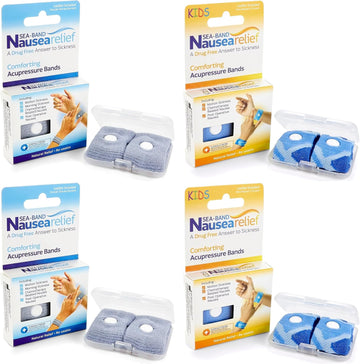 Sea-Band Travel & Motion Sickness And Nausea Relief, Acupressure Wristbands Family Bundle, 2 X Pairs Adult (Grey) And 2 X Pairs Child (Blue)