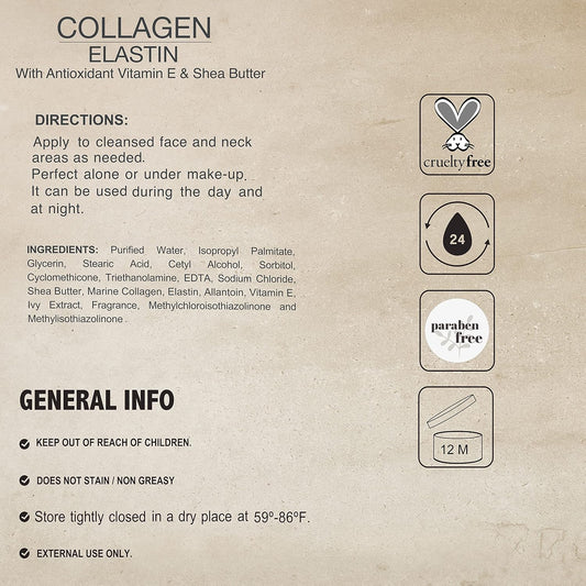 Lawrens Collagen Elastin Cream With Antioxidant Vitamin E & Shea Butter Cosmetics - Hydration - Firmness - Elasticity - 4 Oz