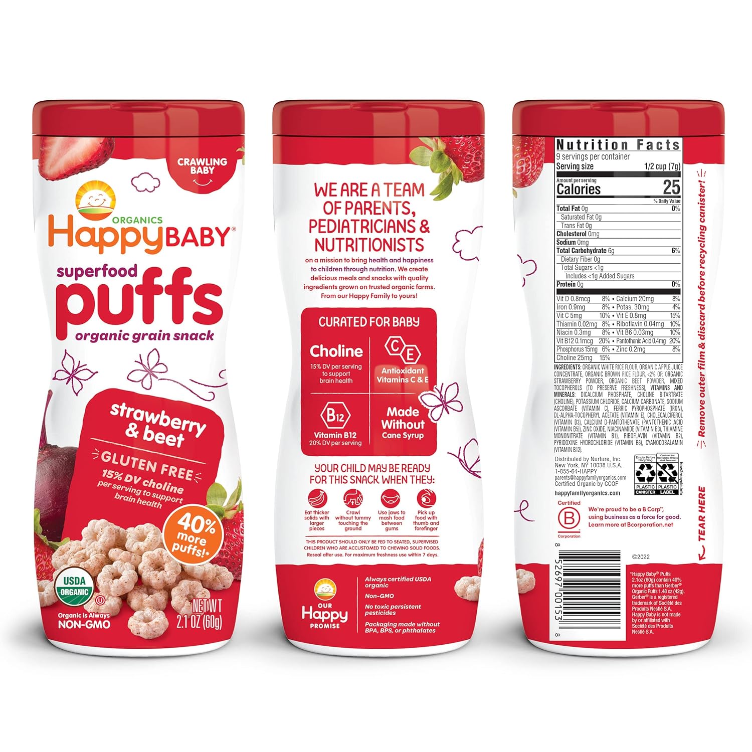 Happy Baby Organic Superfood Puffs Strawberry & Beet, 2.1 Ounce Canister Organic Baby or Toddler Snacks, Crunchy Fruit & Veggie Snack, Choline to Support Brain & Eye Health : Baby