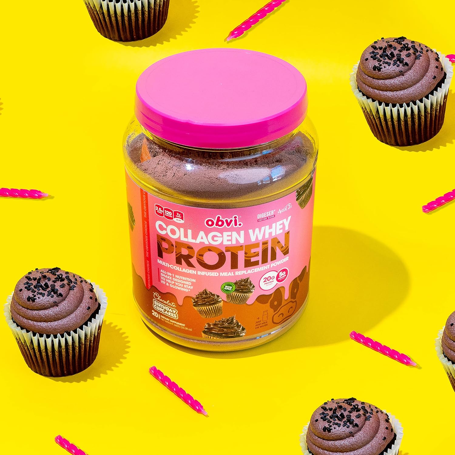 Obvi Collagen Whey Protein Powder | Post Workout Shake, Supports Muscle Growth, Healthy Hair, Skin, Nails, Joints, Gut | Multi-Collagen Infused Meal Replacement | Chocolate Bday Cupcakes, 20 Servings : Health & Household