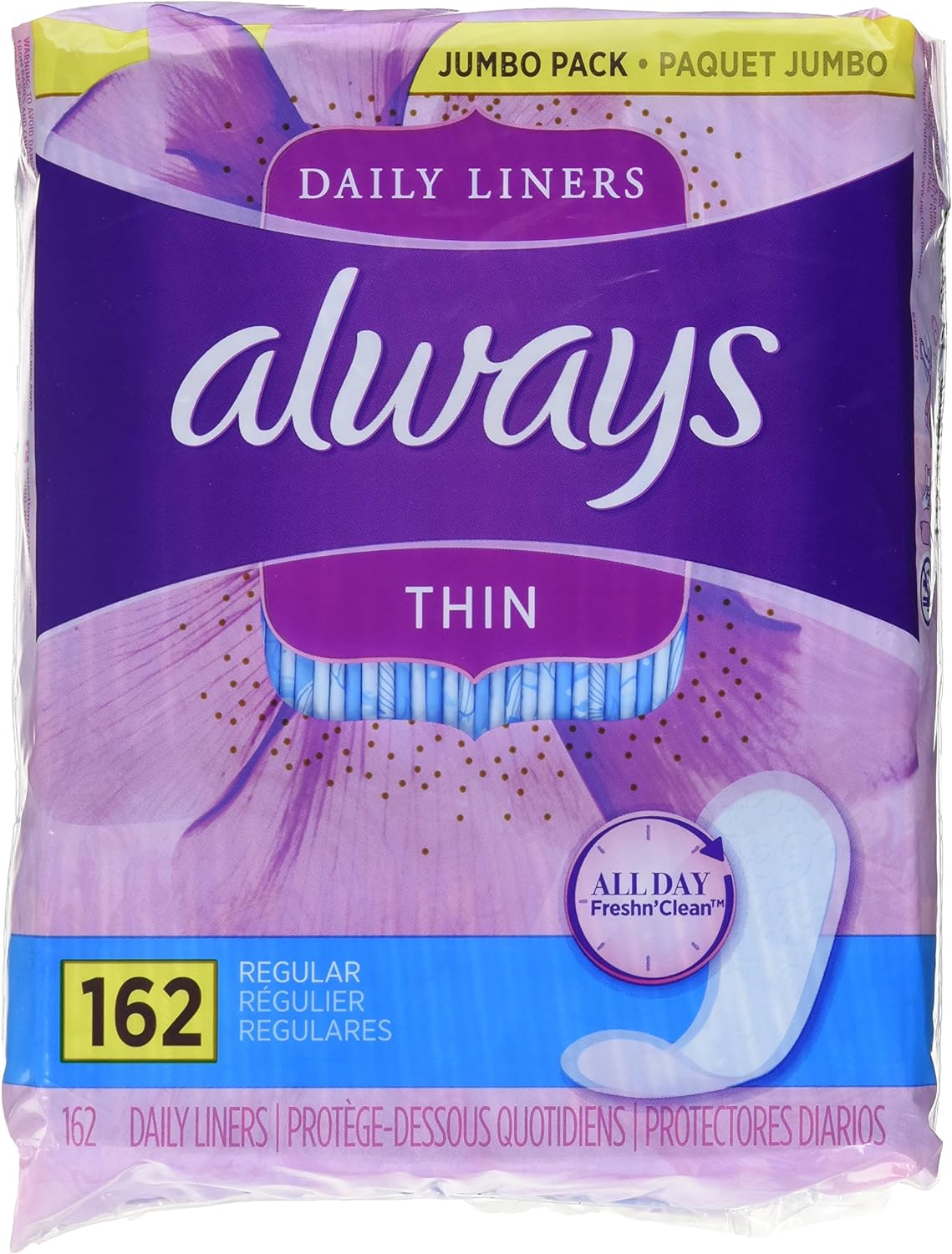 Always Thin No Feel Protection Daily Liners Regular Absorbency Unscented, 162 Count - Pack of 2 (324 Count Total)