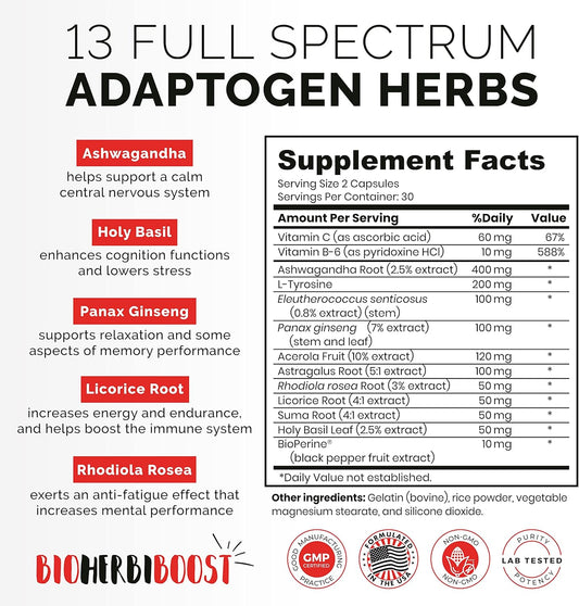 Adrenal Support Supplement [1300Mg Non-Gmo] Natural Focus Clarity Energy & Fatigue Relief For Balanced Cortisol Levels With Ashwagandha & Adaptogens 60 Capsules