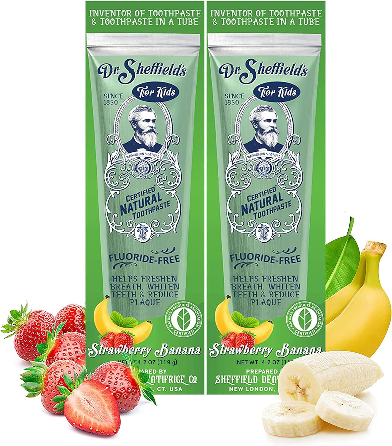 Dr. Sheffield’s Certified Natural Toothpaste (Strawberry Banana) - Great Tasting, Fluoride Free Toothpaste/Freshen Your Breath, Whiten Your Teeth, Reduce Plaque (2-Pack)