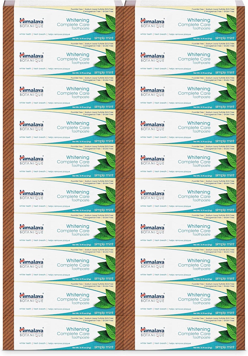 Himalaya Botanique Whitening Complete Care Toothpaste, 20 Pack Travel Size, Teeth Whitening, Fights Plaque, Fluoride Free, No Artificial Flavors, Sls Free, Simply Mint Flavor, Tsa Approved, 0.74 Oz