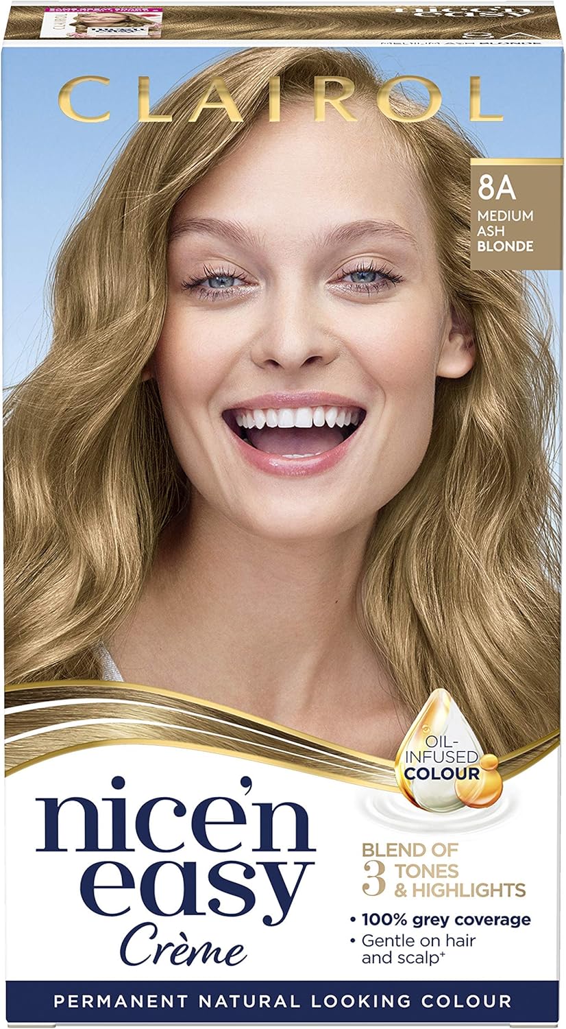 Clairol Nice' n Easy Crème, Natural Looking Oil Infused Permanent Hair Dye, 8A Medium Ash Blonde & Root Touch-Up Permanent Hair Dye, 8.5A Medium Champagne Blonde : Amazon.co.uk: Beauty