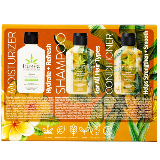 HEMPZ Original Shampoo, Conditioner, and Body Lotion Trio Set - Floral & Banana - Hair & Skin Care Product Pack, Hemp Seed Oil - 2.25 fl oz, 3-Pack Bundle : Beauty & Personal Care