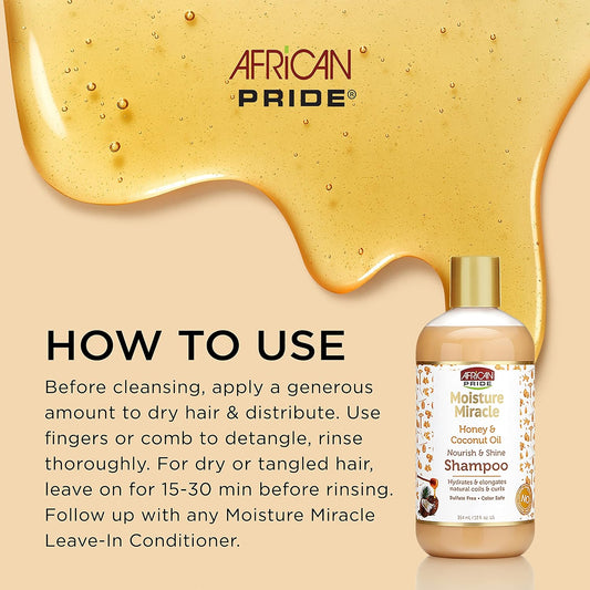 African Pride Moisture Miracle Honey & Coconut Oil Shampoo - For Natural Coils & Curls, Nourishes & Shines, Sulfate Free, Color Safe, 12 oz (3 Pack)