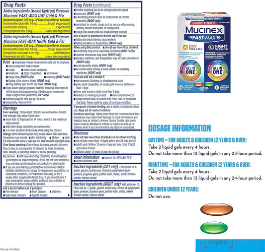 Mucinex Fast-Max Maximum Strength Cold & Flu Day and Night Medicine, All-in-One Multi-Symptom Relief Liquid Gels ? 24 count (16 time + 8 time) (Packaging May Vary)