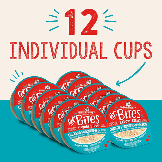 Stella & Chewy'S Lil Bites Savory Stews For Small Breeds Chicken & Salmon Dinner In Broth, 2.7 Oz. Cups (Pack Of 12)