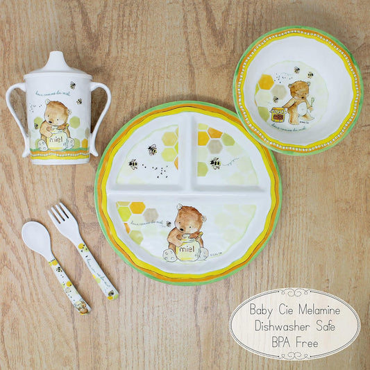 Baby Cie Kids And Baby Melamine Place Setting Sippy Cup, Suctions Bowl, Section Plate And Fork Spoon Set (Sweet As Honey) : Baby