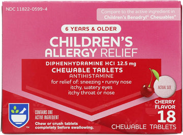 Rite Aid Children's Diphenhydramine 12.5mg Allergy Relief, Cherry - 18 Chewable Tablets, Indoor and Outdoor Allergy Symptom Reliever