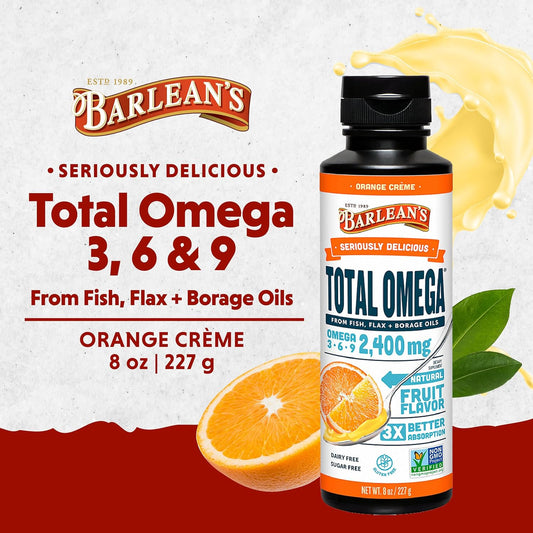 Barlean's Total Omega 3 6 9 Orange Crème Liquid Fish Oil Supplement with Borage and Flaxseed Oil, 2,400 mg of Omegas EPA and DHA Plus GLA for Joint and Heart Health, 8 oz