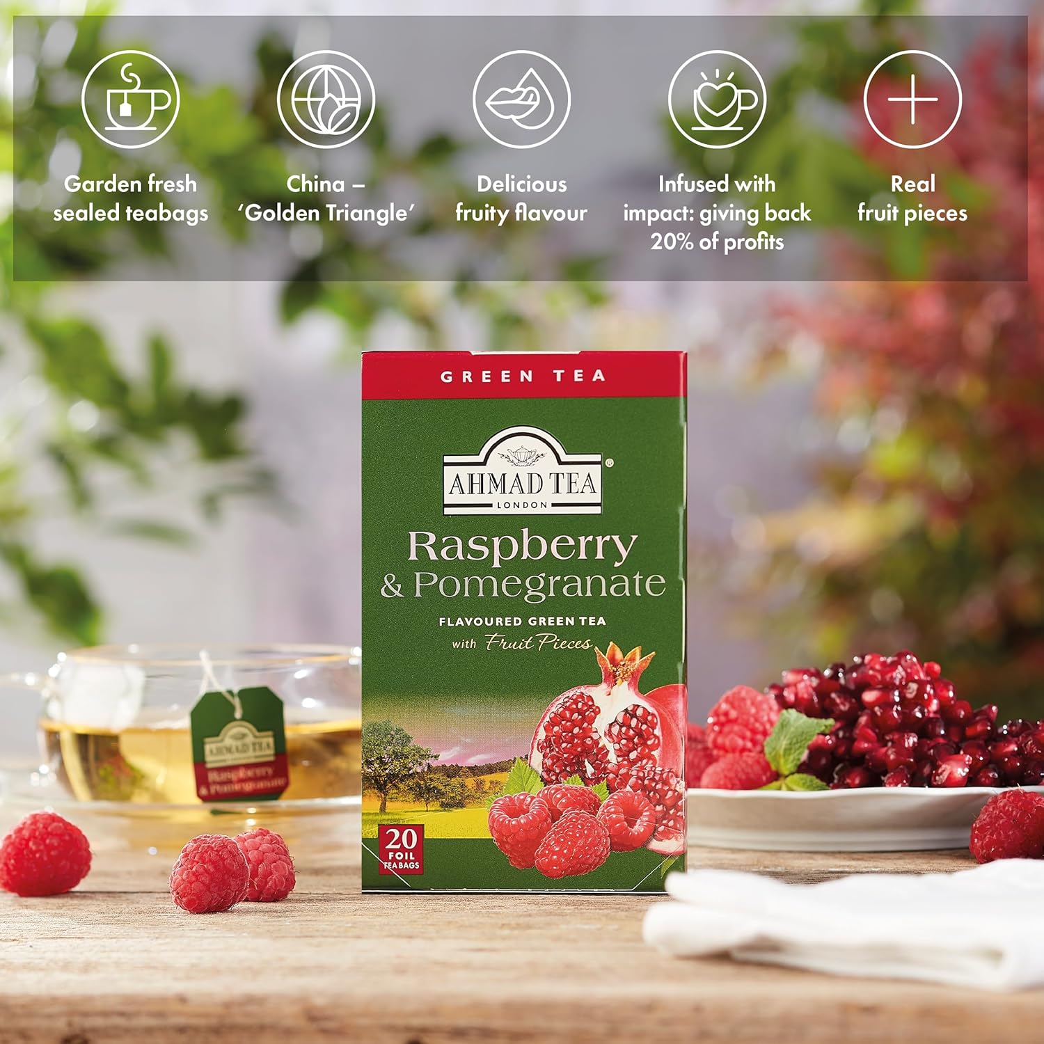 Ahmad Raspberry & Pomegranate Flavoured Green Tea With Fruit Pieces 20 Bags