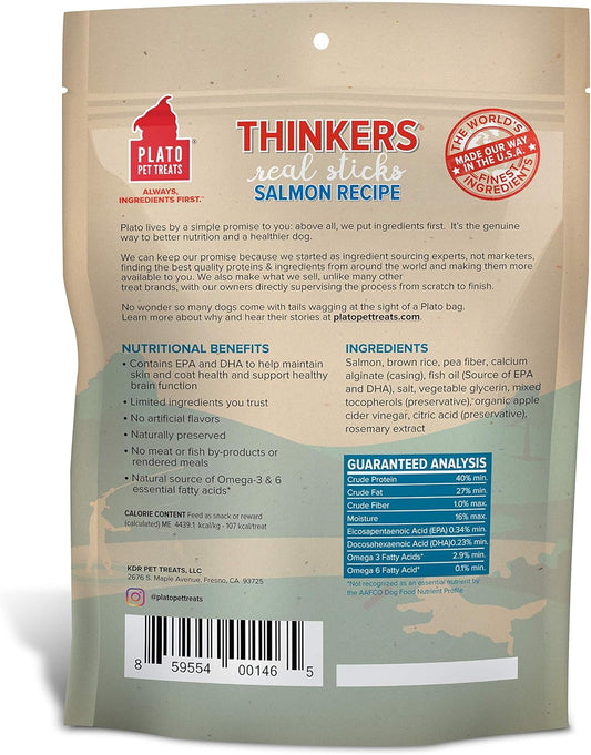 Plato Pet Treats Air Dried Dog Treats Salmon Thinkers Sticks, Natural Dog Treats, Real Meat, Air Dried, Made In The Usa, 10Oz