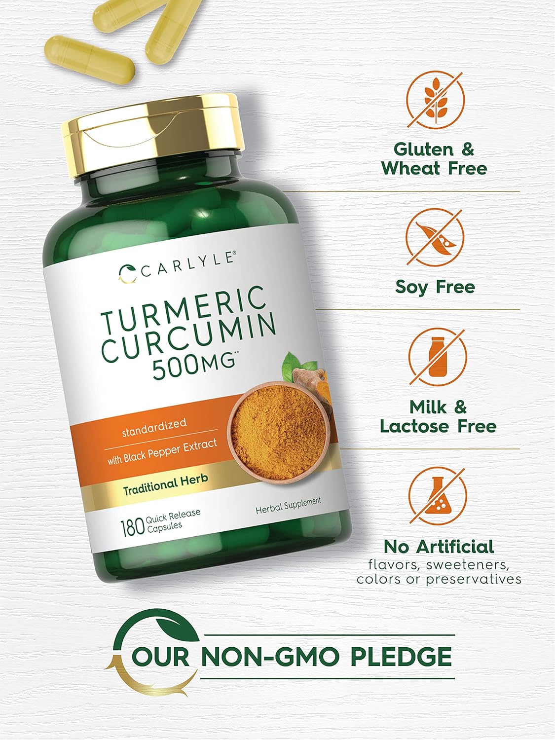 Carlyle Turmeric Curcumin with Bioperine | 500 mg | 180 Powder Capsules | Support Complex with Black Pepper | Non-GMO, Gluten Free Supplement : Health & Household