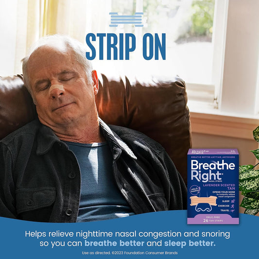 Breathe Right Nasal Strips Lavender Scent Extra Strength Tan Nasal Strips Help Stop Snoring Drug-Free Snoring Solution & Nasal Congestion Relief Caused By Colds & Allergies 26ct (packaging may vary)