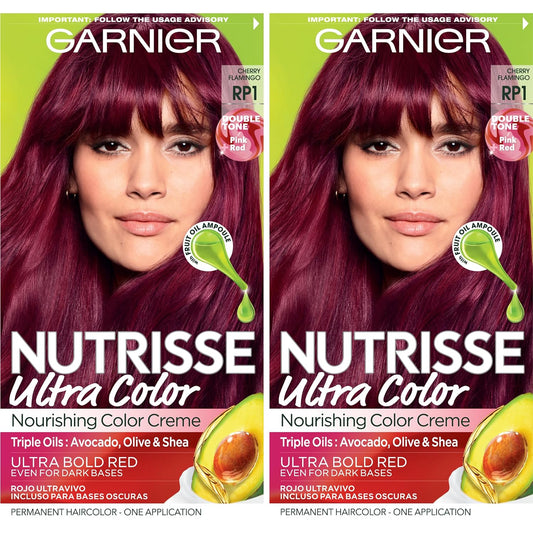 Garnier Hair Color Nutrisse Ultra Color Nourishing Creme, Rp1 Pink Red (Cherry Flamingo) Permanent Hair Dye, 2 Count (Packaging May Vary)