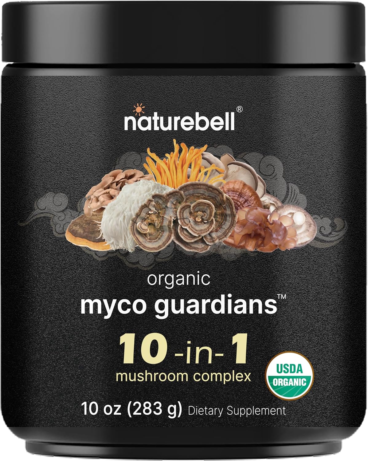 Naturebell Organic 10 In 1 Mushroom Powder, 10Oz | Lions Mane, Shiitake, Reishi, Chaga & More | Mushroom Supplement Blend For Immune Booster & Brain Health Support | No Fillers