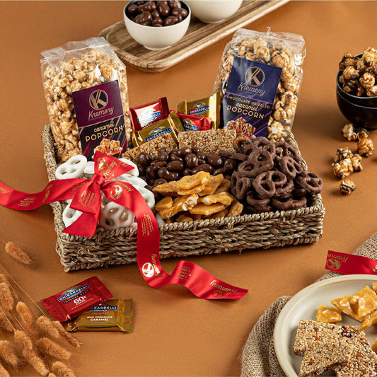 KREMERY Creamy Chocolate Cravings - Mothers Day Chocolate Covered Pretzels Gift Basket in Reusable Seagrass Tray + Ribbon, Caramel Popcorn Peanut Brittle Cashews (Medium 2.5 LB) Kosher Dairy USA Made