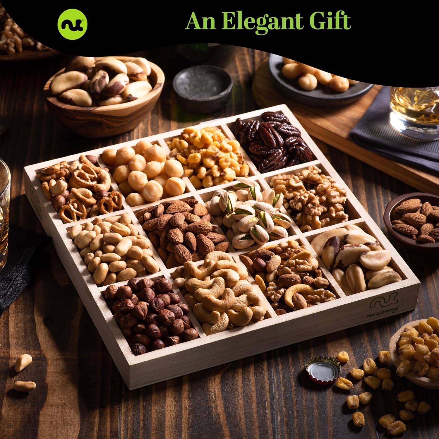 Nut Cravings Gourmet Collection Congratulations Nuts Gift Basket with Congrats Ribbon + Greeting Card in Reusable Wooden Tray (12 Assortments) Food Platter Care Package Kosher : Grocery & Gourmet Food