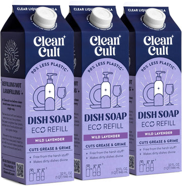 Cleancult Dish Soap Liquid Refills (32oz, 3 Pack) - Dish Soap that Cuts Grease & Grime - Free of Harsh Chemicals - Paper Based Eco Refill, Uses 90% Less Plastic - Wild Lavender