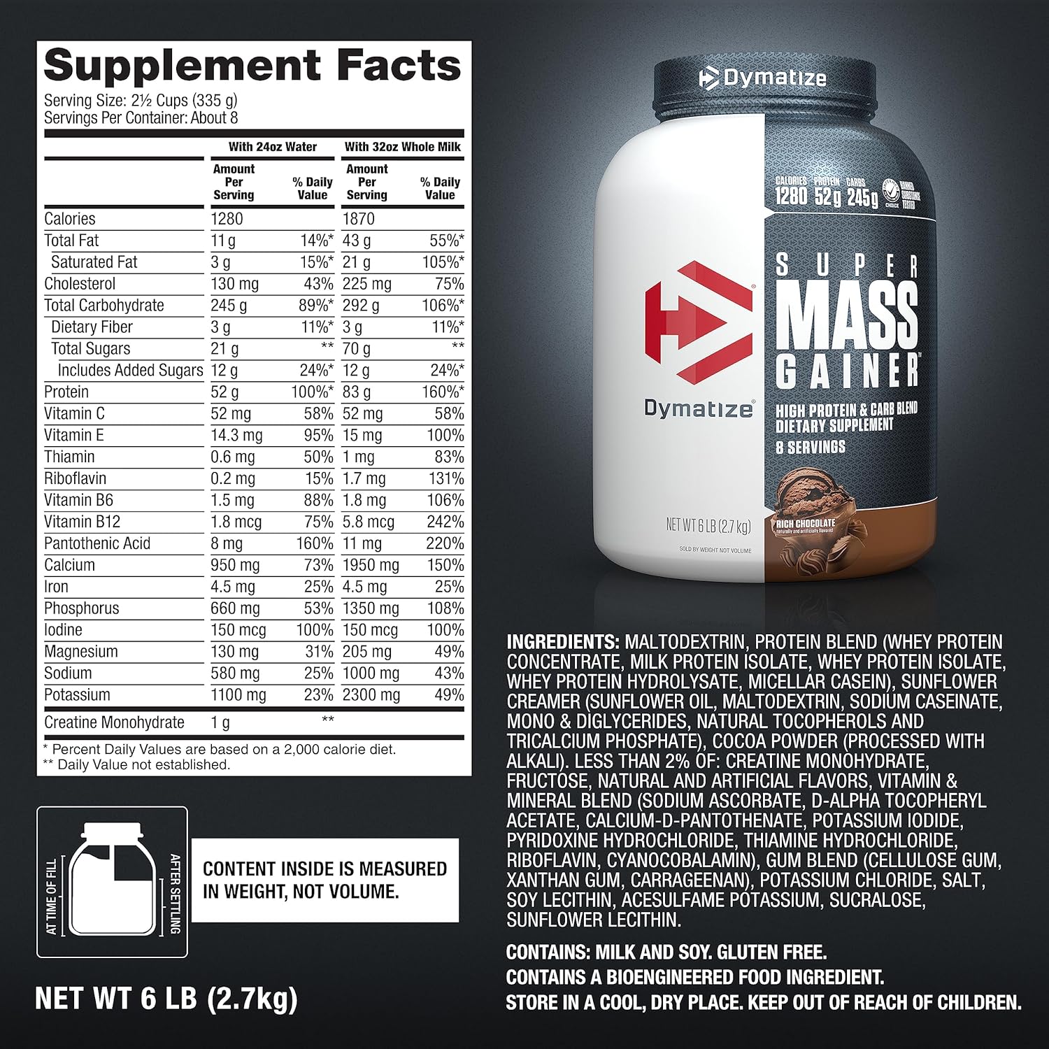 Dymatize Super Mass Gainer Protein Powder, Rich Chocolate, 52G Protein, 1G Creatine, 1280 Calories, 10.7G Bcaas, 245G Carbs, Contains Whey Protein Powder, Isolate, And Casein (8 Servings) : Health & Household