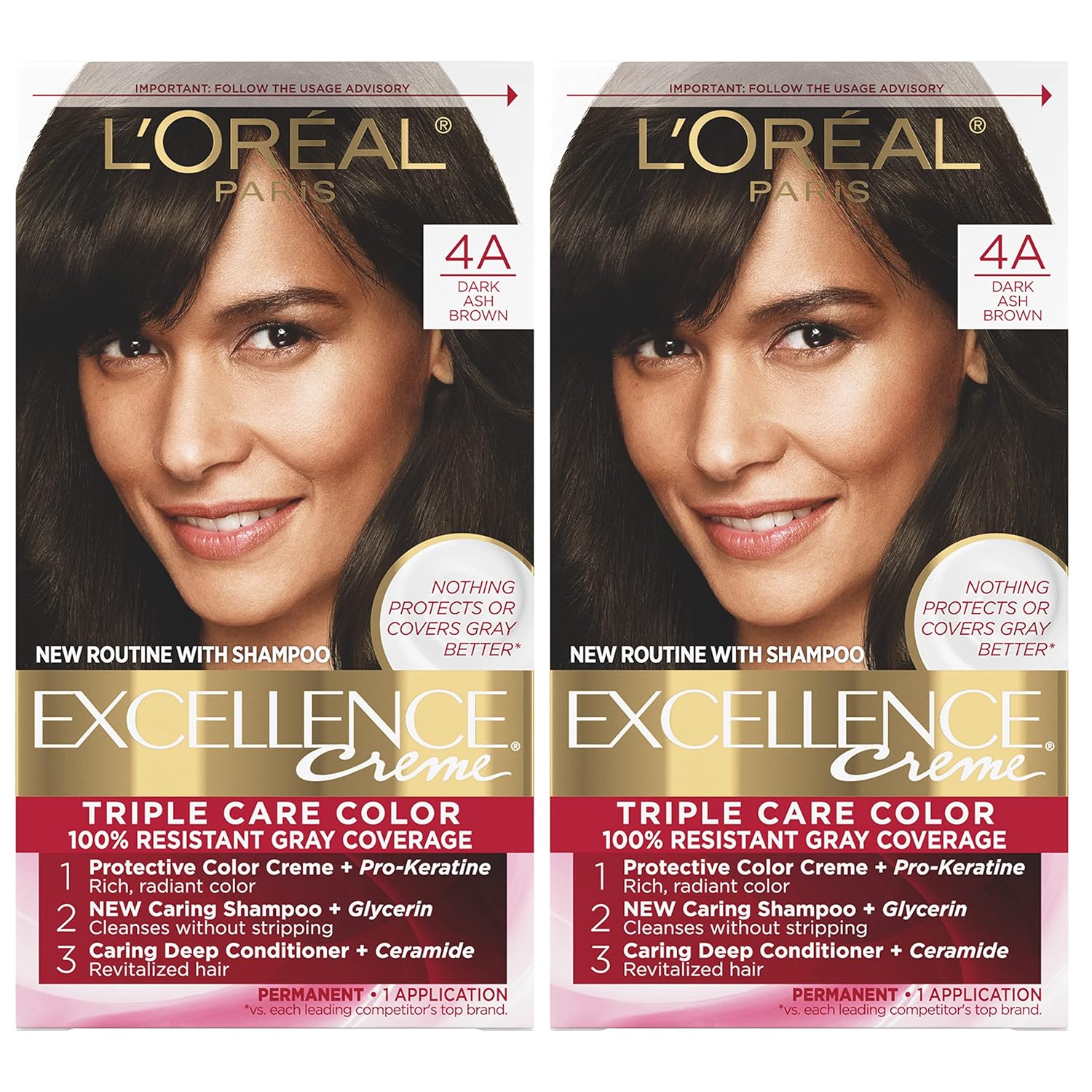 L'Oreal Paris Excellence Creme Permanent Hair Color, 4A Dark Ash Brown, 100 Percent Gray Coverage Hair Dye, Pack Of 2