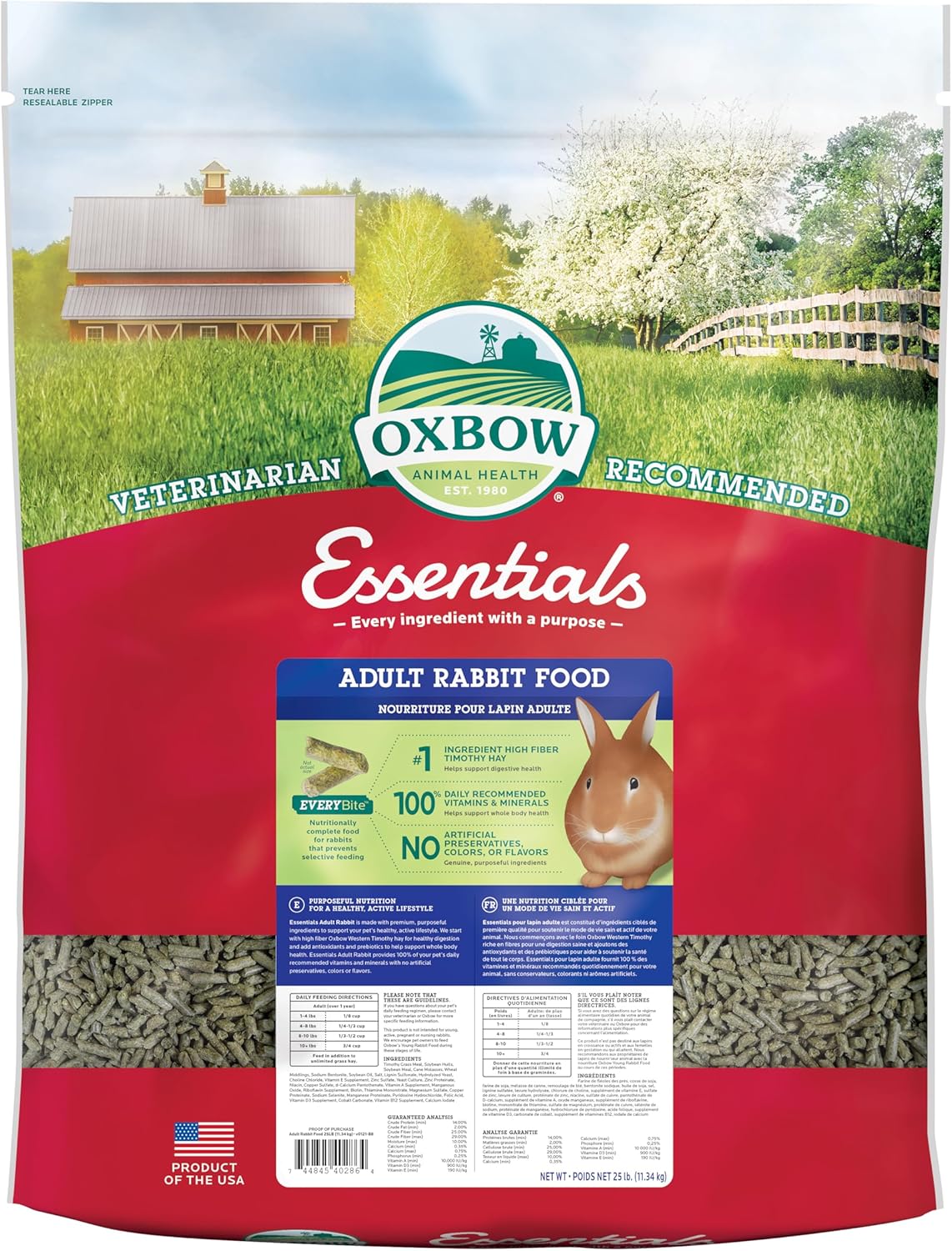 Oxbow Essentials Adult Rabbit Food - All Natural Adult Rabbit Pellets- Fiber Rich Formula- All Natural Vitamins & Minerals- No Seeds And Artificial Ingredients- Made In The Usa - 25 Lb