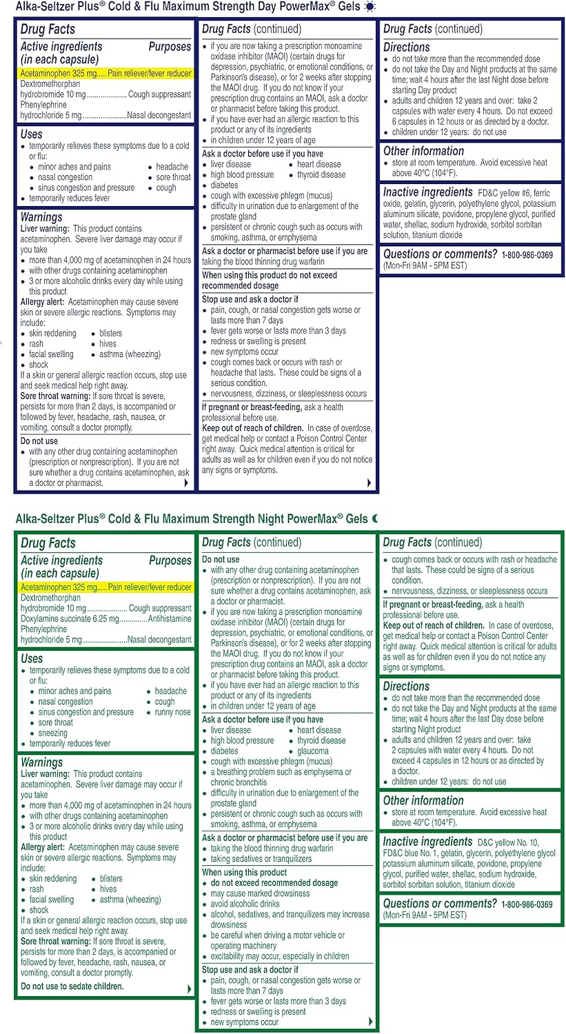 Alka-Seltzer Plus Power Max Cold and Flu Medicine, Day+Night, - Maximum Strength (Per 4 Hour Dose) Relief Cold and Flu Medicine for Adults and Children 12 Years and Older, 24 Count, Packaging May Vary : Health & Household