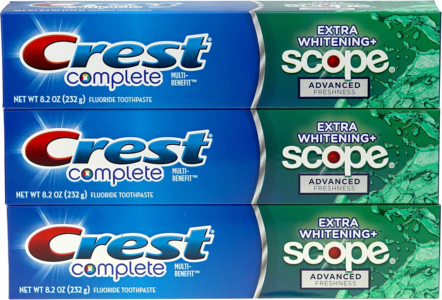 Crest Complete Multi-Benefit Fluoride Toothpaste - Extra Whitening And Scope Advanced Freshness - 8.2 Oz Each, 3 Count
