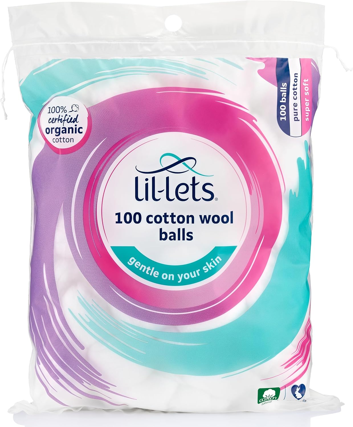 Lil-Lets Cotton Wool Balls, 100 Count, Certified Organic, 100% Pure Cotton Wool, Super Soft, Large Cotton Wool Puffs, Gentle on Skin, Dermatologically Tested